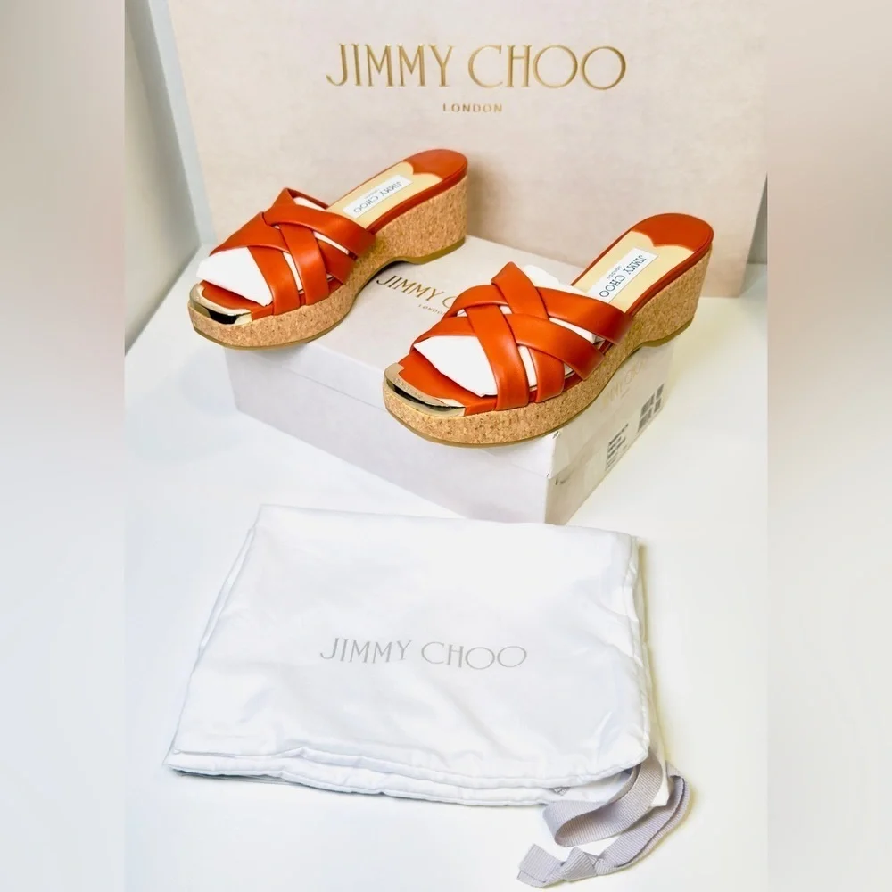 Jimmy Choo Maribou 50 Platform Wedge Slide Sandals Orange Napa Leather Size 38